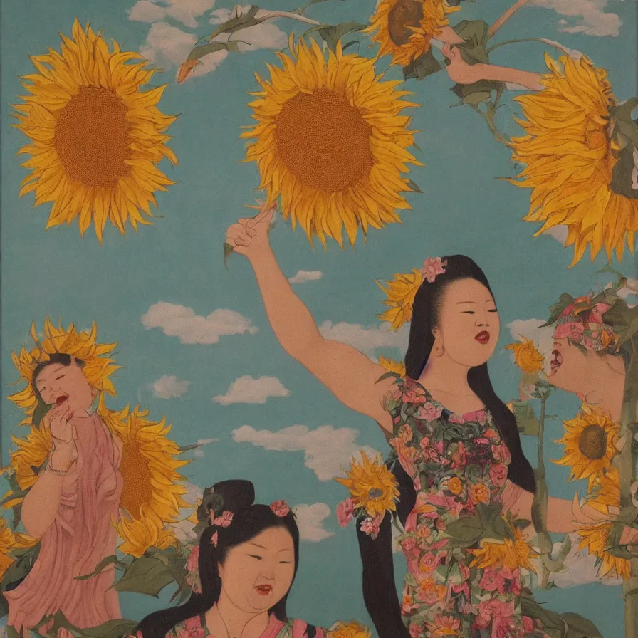 Image similar to The Chinese female deity of sunflowers dancing and singing to the world. Artwork by Raphael Hopper, and Rene Magritte. Detailed, romantic, enchanting, trending on ArtStation.