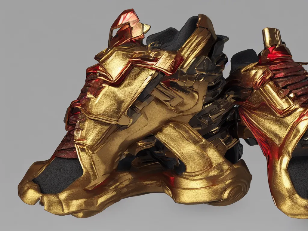 Prompt: realistic 3 d render of a sculpture of a cyberpunk sneaker, beautiful studio lighting, soft, sharp focus, neon cyberpunk highlights, intricate detail, gold and red accents, soft rubber, octane render, wide angle, trending on artstation, deviantart, art by syd mead and issey miyake