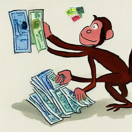 Image similar to a monkey juggling wads of cash, illustration by Quentin Blake