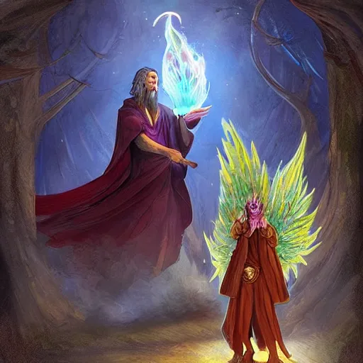 Prompt: a wizard and his phoenix familiar in a magical workshop, fantasy, digital art