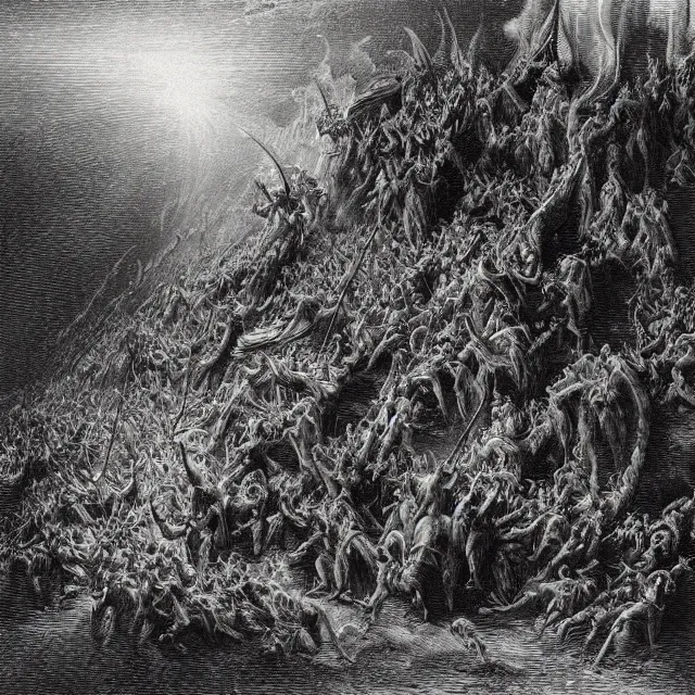 Image similar to an engraving of the tempest of hell by gustave dore