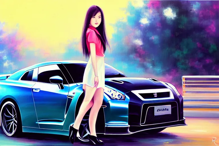 Prompt: A ultradetailed beautiful panting of a stylish girl standing in front of a Nissan GTR, Oil painting, by RossDraws