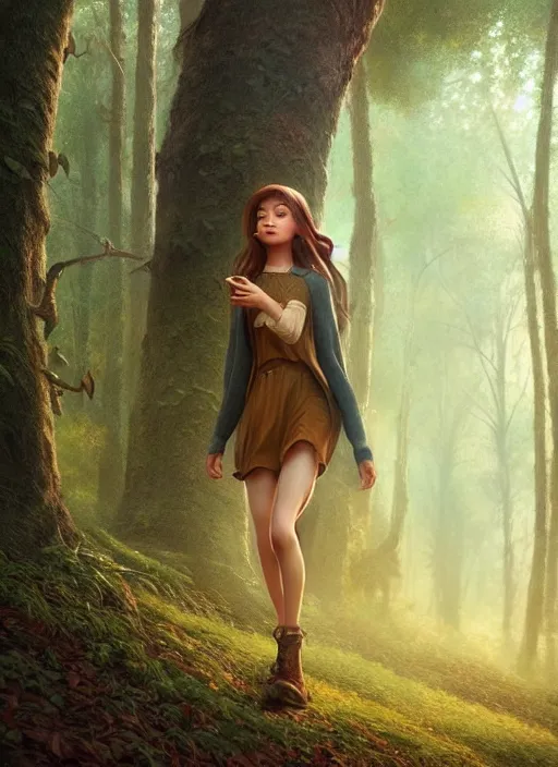 Prompt: young woman walking : : forest nature : : weta disney pixar movie still photo : : decadent highly - detailed digital painting, full length shot, golden ratio, octane render, artstation, smooth, sharp focus, artgerm, mucha, loish, wlop, gogo