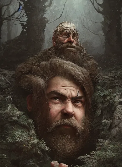 Image similar to Beautiful art portrait of a male fantasy dwarf in a dark temple surrounded by dead forest, atmospheric lighting, intricate detail, cgsociety, hyperrealistic, octane render, RPG portrait, ambient light, dynamic lighting