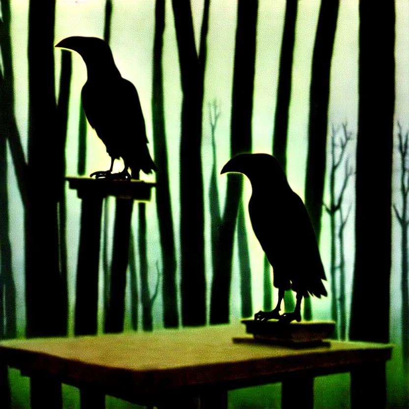 Image similar to a Raven standing on human skull on a table in a foggy forest, by Casey Baugh, Steve Caldwell, Gottfried Helnwein, and Artgerm, sharp focus, 8k resolution, masterpiece work, pristine condition film still from 1980