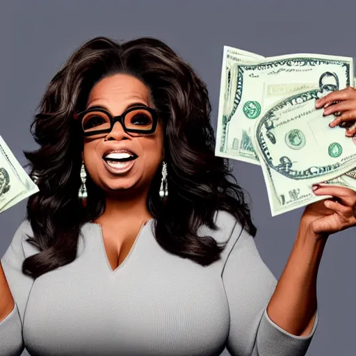 Prompt: oprah screaming, holding dollar bills, in studio