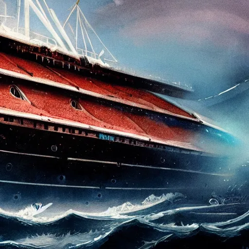 Image similar to a beautiful illustration of a sinking ship that looks like old trafford, frank weston and gustave baumann, trending on artstation, sharp focus, 8 k 4 k