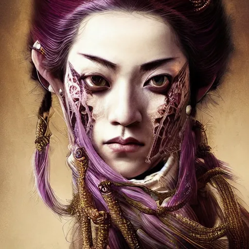 Prompt: portrait of a Shibari rope wrapped face and neck, headshot, insanely nice professional hair style, dramatic hair color, digital painting, of a old 18th century, Royal Emperor, facial tattoos, amber jewels, baroque, ornate clothing, scifi, realistic, hyperdetailed, chiaroscuro, concept art, art by Franz Hals and Jon Foster and Ayami Kojima and Amano and Karol Bak,