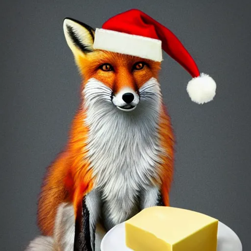 Image similar to perfectly-centered-Portrait-full-shot of a fox, wearing a santa hat, sitting next to a pile of cheese, intricate, elegant, super highly detailed, professional digital painting, artstation, concept art, smooth, sharp focus, no blur, no dof, extreme illustration, Unreal Engine 5, 8K, art by artgerm and greg rutkowski and alphonse mucha and loish and WLO