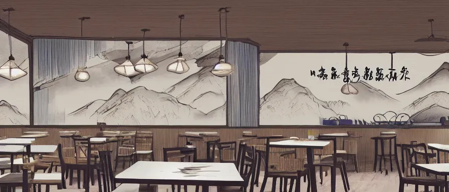 Prompt: a beautiful simple interior 4 k hd wallpaper illustration of small roasted string hotpot restaurant restaurant yan'an pagoda hill, animation illustrative style, from china, restaurant theme wallpaper is tower and mountains pagoda hill, rectangle white porcelain table, black chair, simple style structure decoration design, victo ngai, james jean, 4 k hd