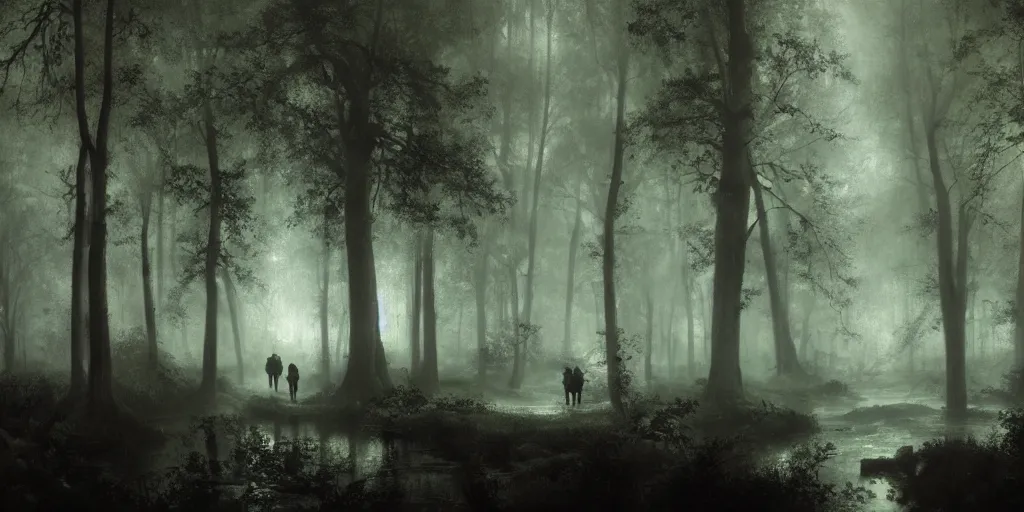 Image similar to [ a dark scene of a dense forest at night with a stream through it, moonlight through trees, volumetric light and mist, fog ], andreas achenbach, artgerm, mikko lagerstedt, zack snyder, tokujin yoshioka