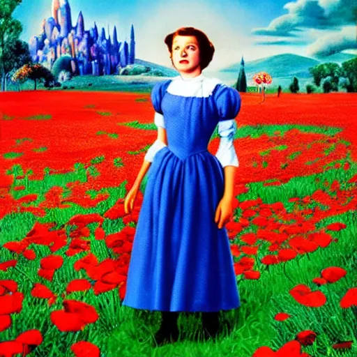 Prompt: dorothy from the movie wizard of oz in a field of poppies by the emerald city by salvador dali, detailed matte painting, 8 k resolution