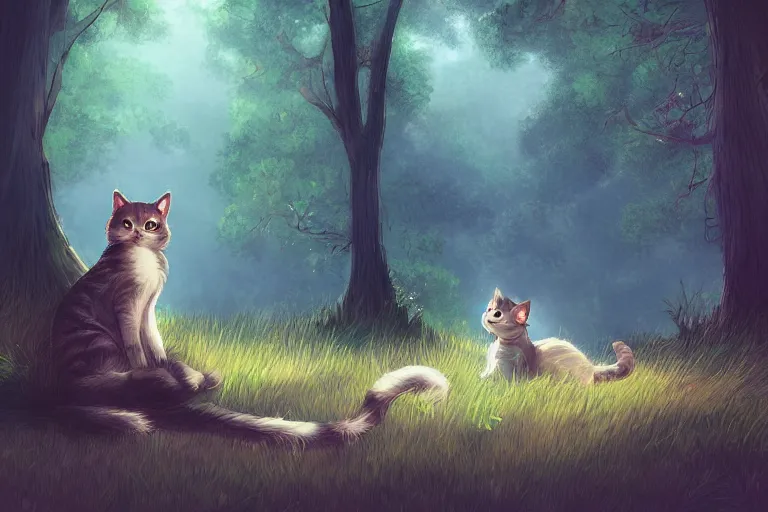 Image similar to cat in the forest, warm backlighting, digital art, trending on artstation, fanart, by kawacy