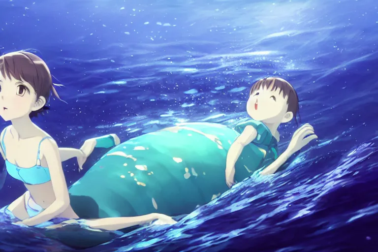 Image similar to a panorama view under the water, anime art full body portrait character concept art, hyper detailed cg rendering of a cute girl and whale, anime key visual of children of the sea, finely detailed perfect face, style of raphael lacoste, makoto shinkai, violet evergarden, studio ghibli, james jean, hayao miyazaki, extremely high quality artwork