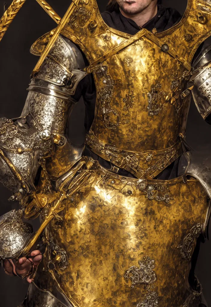 Prompt: man in royal decorated with gold medieval baroque style armor and helmet and big golden cross on his chest rennaisance art style high resolution high detail 4k