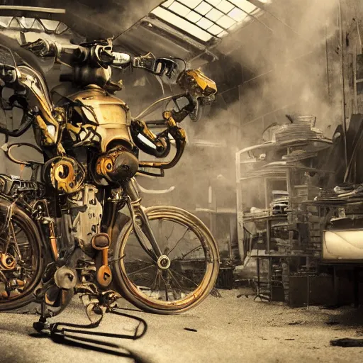 Image similar to bicycle mecha, dark messy smoke - filled cluttered workshop, dark, dramatic lighting, orange tint, cinematic, highly detailed, sci - fi, futuristic, movie still