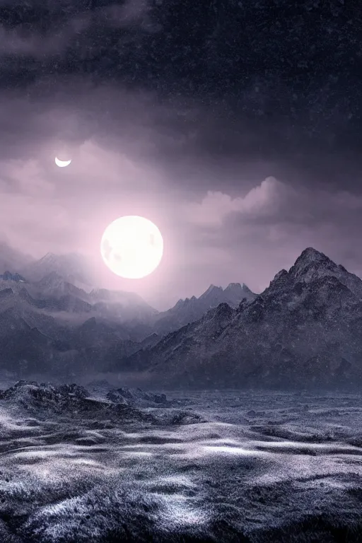 Image similar to a cgi landscape image with a cresent moon and mountains, cinematic matte painting, snowfall, stormy weather, neon lights, extreme detail photo quality, dark moody colors, featured on behance