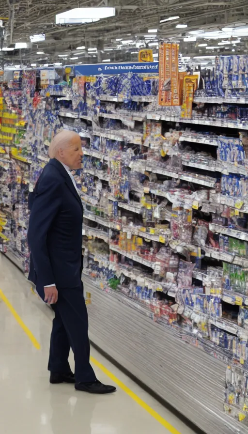 Image similar to joe biden walmart employee, detailed facial expression, cinema still