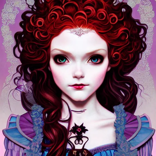 Image similar to a modern gothic lolita version of Princess Merida, face, fantasy, intricate, elegant, highly detailed, digital painting, artstation, concept art, smooth, sharp focus, illustration, art by Gerald Brom and Jasmine Becket-Griffith and Fernanda Suarez and alphonse mucha