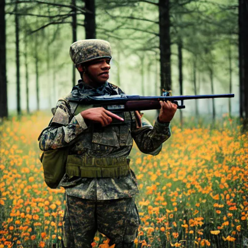 Image similar to close up kodak portra 4 0 0 photograph of a soldier in a flower crowd with ak - 4 7 in which the flowers after the battle standing in dark forest, flower crown, moody lighting, telephoto, blurry background, faded