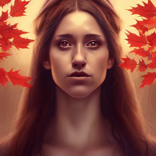 Image similar to gorgeous female stella maeve magician, realistic character concept, medium shot, elegant pose, spooky, illustration, symmetrical face and body, realistic symmetrical eyes, artstation, cinematic lighting, detailed realistic symmetrical eyes, 8 k, charlie bowater, tom bagshaw, single face, insanely detailed and intricate elegant, autumn leaves