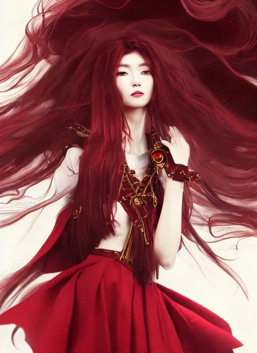 Prompt: a highly detailed illustration of beautiful long dark red haired japanese woman wearing wine red epaulette uniform and coat cape, dramatic floating strings pose, intricate, elegant, highly detailed, centered, digital painting, artstation, concept art, smooth, sharp focus, league of legends concept art, wlop