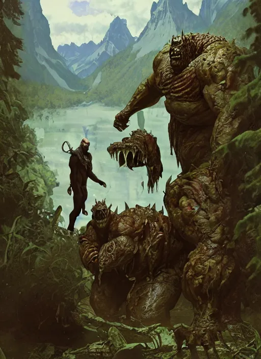 Image similar to huge hulking brute swamp demon king like martyn ford and rich piana standing by river canadian rockies midday by sergey kolesov and lawrence alma tadema and norman rockwell and greg staples and craig mullins and john berkey and ruan jia, artstation creature art