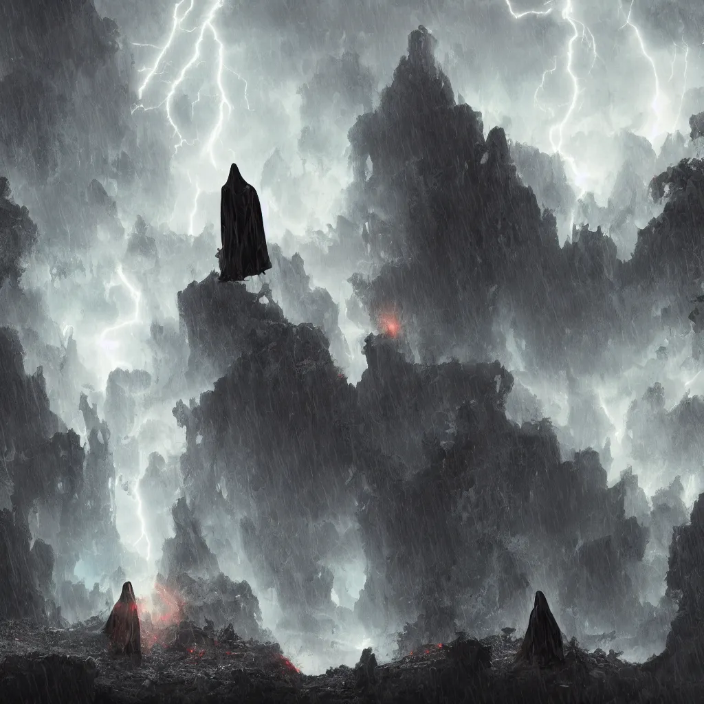 Image similar to a still of a cloaked figure standing in the ruins of crux prime, monastery, there is lightning, blue fiery maelstrom in the distance, it is raining, digital art, artstationhq