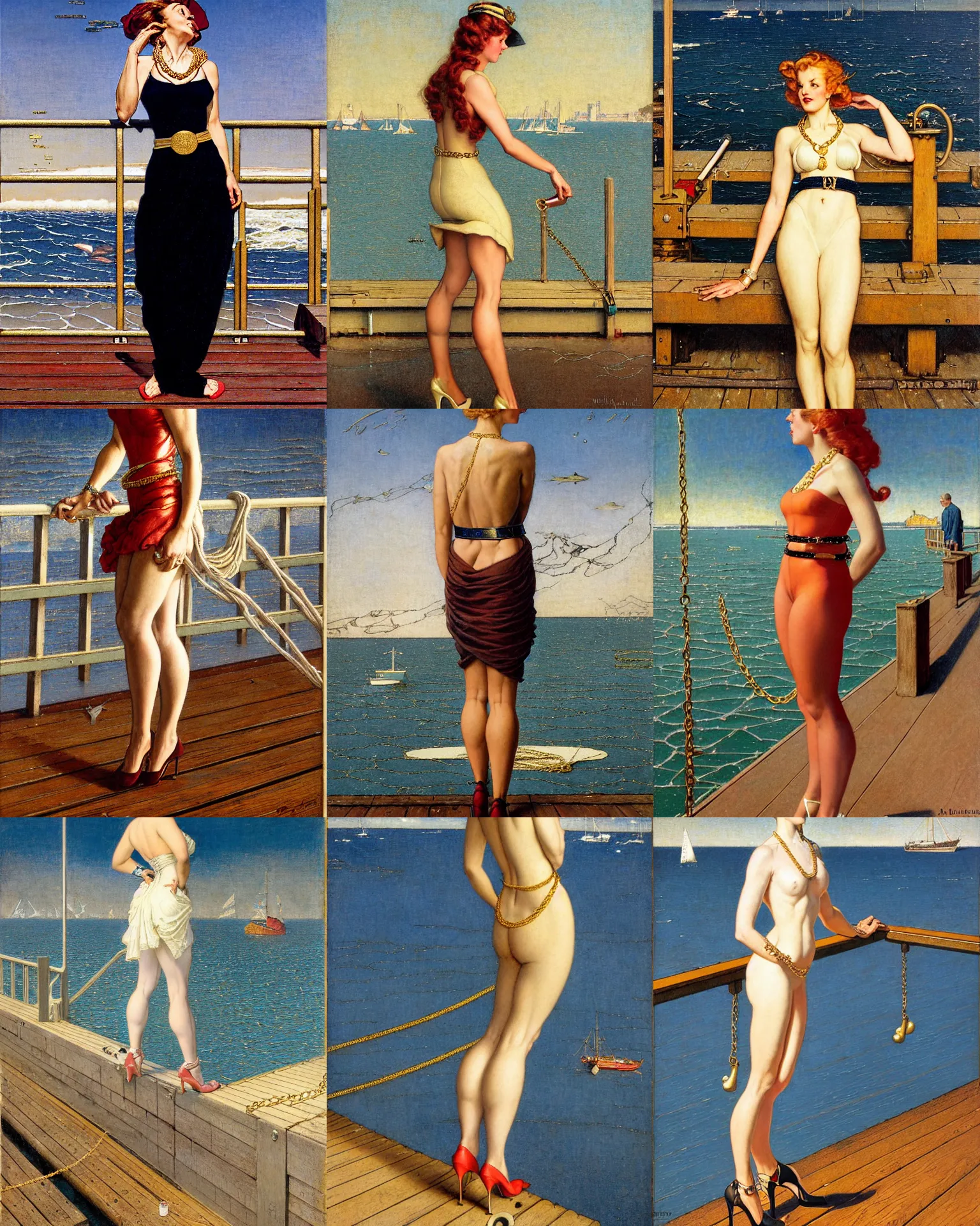 Prompt: a fancy beautiful young lady standing on a wharf at the edge of the sea, very tight gold chain belt, stylish heels, by brom and gil elvgren and jean delville and william blake and norman rockwell and michael whelan, crisp details, hyperrealism, high detail, high contrast, low light