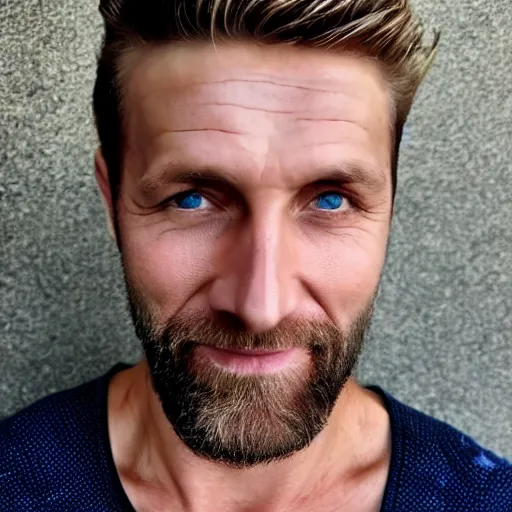 Image similar to close up of face of good looking 4 0 year old slavic blond man with blond stubble, very short wavy blond hair in a short pompadour style, very dark blue eyes, wearing a tank top, hairy shoulders, hairy chest, portrait, 4 k