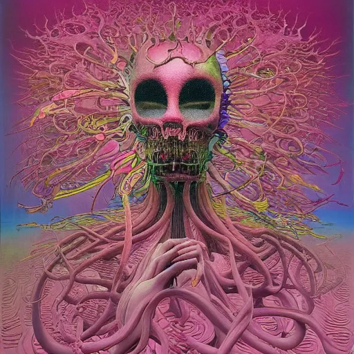 Image similar to Pink Vines by Takashi Murakami, Jean-Michel Basquiat, H.R. Giger, David Choe and Zdzisław Beksiński, incredibly intricately detailed artwork, oil on canvas