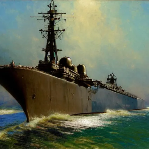 Image similar to detailed cinematic wide shot of world war 2 battleship, ultra realistic, spring light, painting by gaston bussiere, craig mullins, j. c. leyendecker