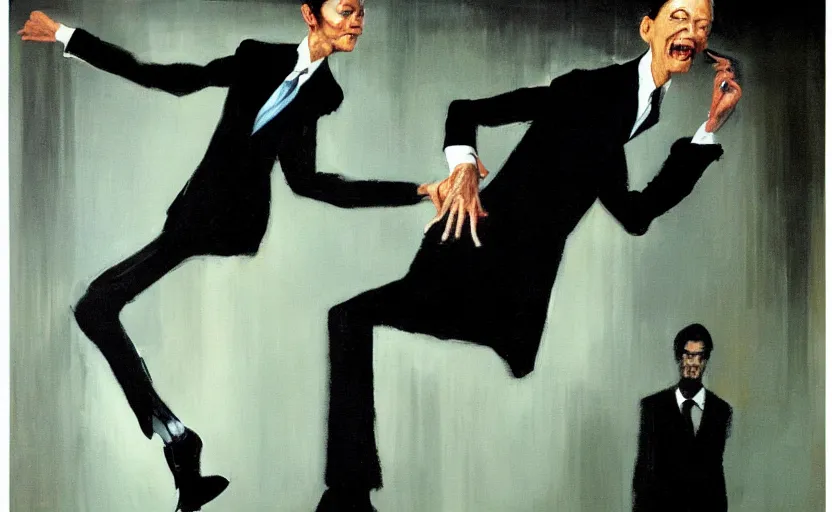 Image similar to a thin man wearing a suit screams and jumps over a telephone in a dark, 1980s living room, painted by phil hale, highly detailed