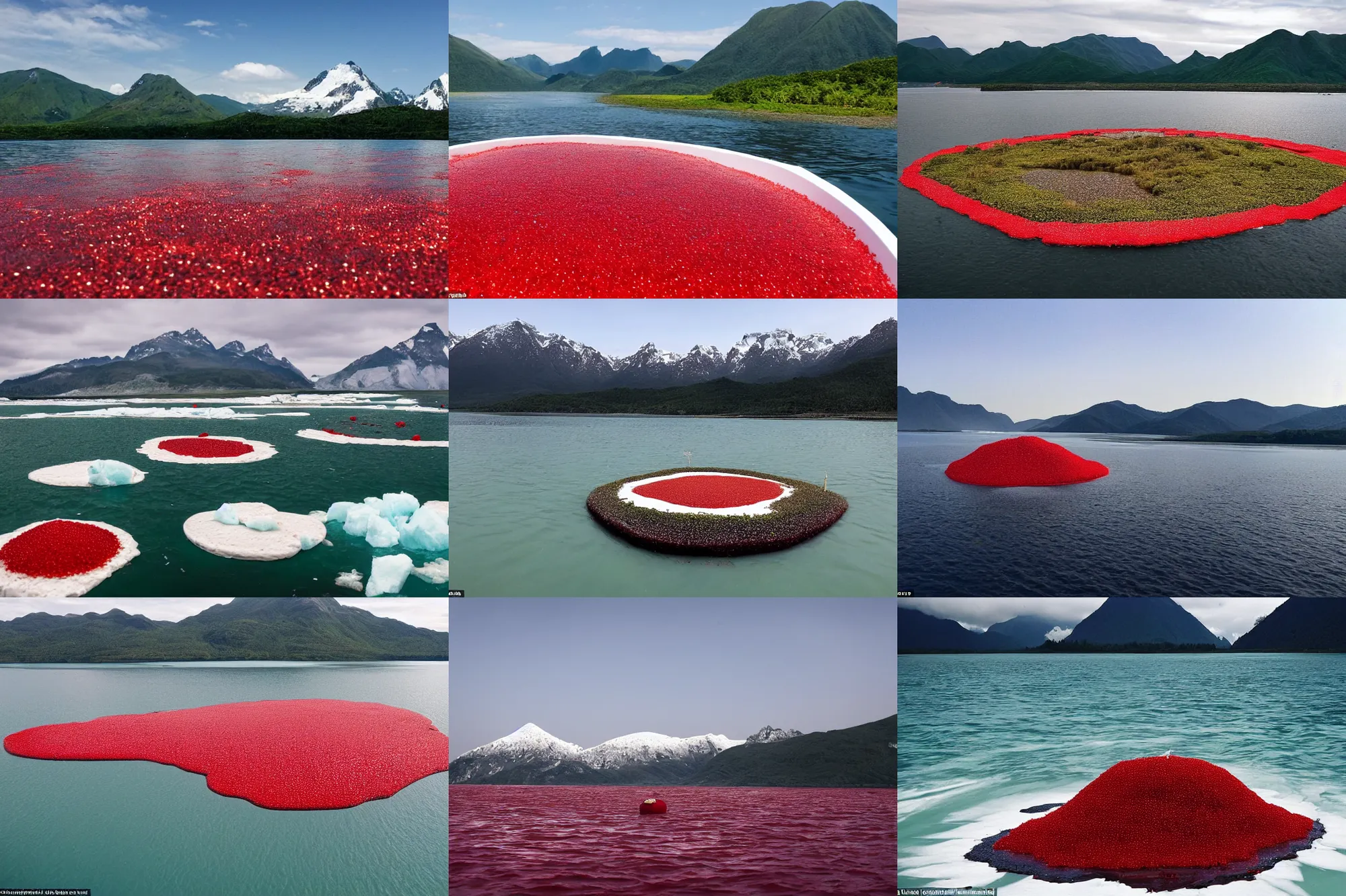 Prompt: an island made of red caviar, in the center of this island there are several mountains made of white ice cream, the water around this island is made of coca - cola ( dark brown water ), the photo was taken from a boat, lemon slices float on the water, by hans thoma