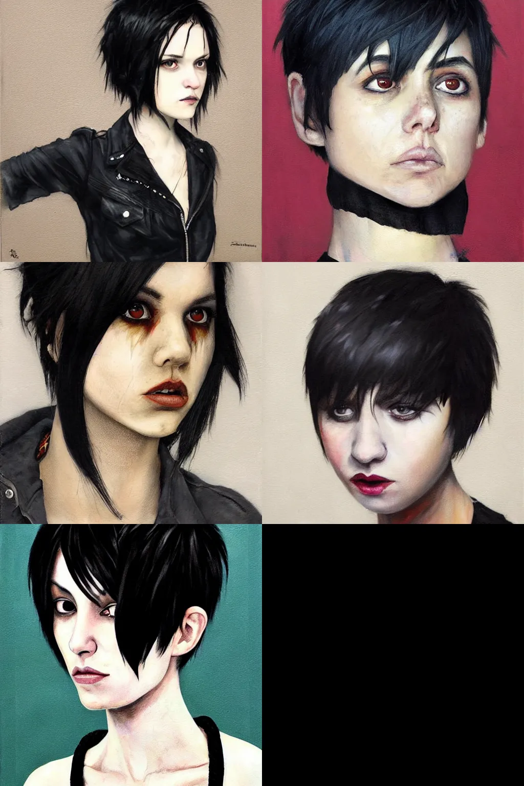 Prompt: an emo portrait by esao andrews. her hair is dark brown and cut into a short, messy pixie cut. she has a slightly rounded face, with a pointed chin, large entirely - black eyes, and a small nose. she is wearing a black tank top, a black leather jacket, a black knee - length skirt, and a black choker..