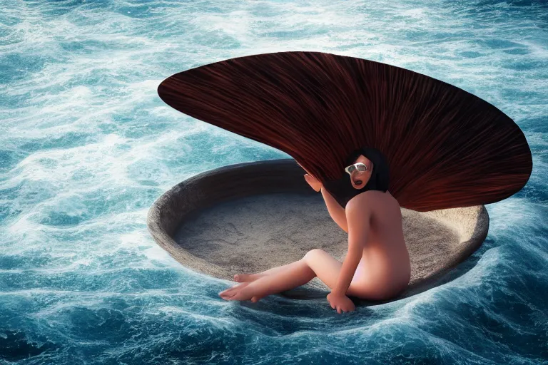 Image similar to A beautiful woman sitting on a giant open book in the middle of the ocean during a storm, dramatic lighting, cinematic, 8k HDR, highly detailed, high quality, octane render, unreal engine 5, path tracing, turbulent sea, concept art, trending on Artstation