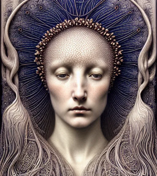 Image similar to detailed realistic beautiful dawn goddess face portrait by jean delville, gustave dore, iris van herpen and marco mazzoni, art forms of nature by ernst haeckel, art nouveau, symbolist, visionary, gothic, neo - gothic, pre - raphaelite, fractal lace, intricate alien botanicals, ai biodiversity, surreality, hyperdetailed ultrasharp octane render