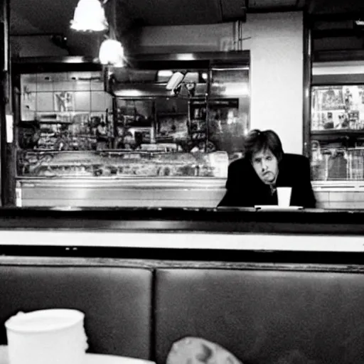 Prompt: a photo of paul mccartney, seen from a distance, playing guitar in the corner of a mcdonald's restaurants, being ignored by customers