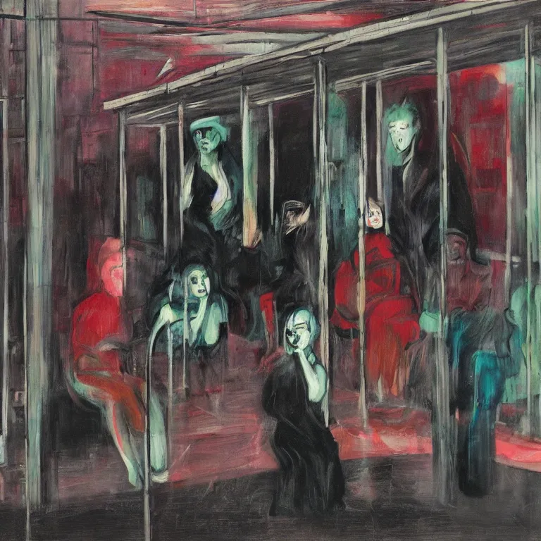 Prompt: some people waiting in a lone bus stop in qiet dark city, expressionist painting by francis bacon and martine johanna