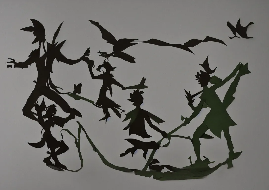 Image similar to a simple cut paper sculpture of peter pan and captain hook