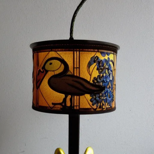 Image similar to lamp in the shape of a duck with a beautiful art nouveau lampshade