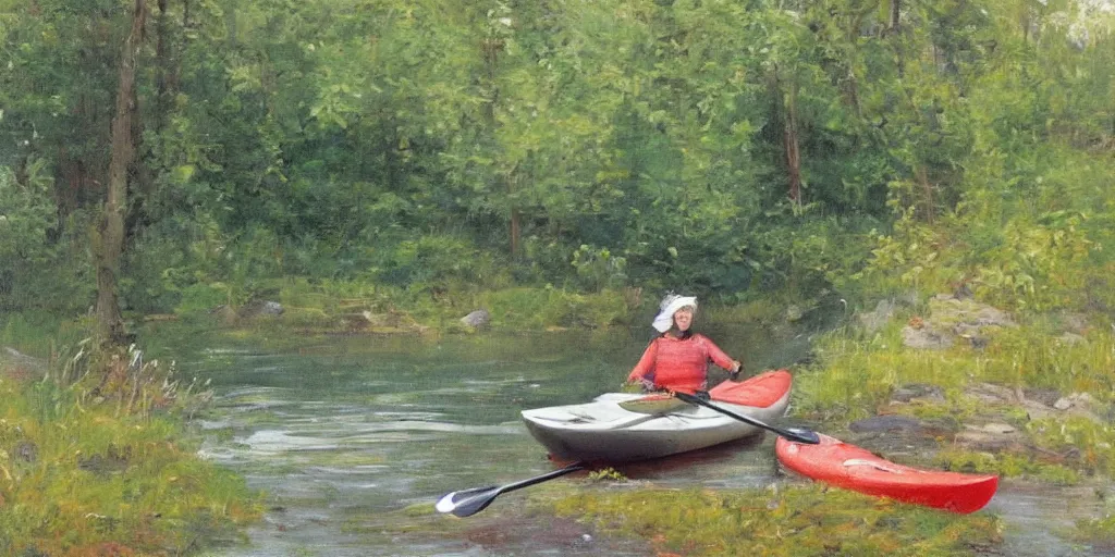 Prompt: a woman paddling a kayak on a calm stream, in the style of fanny brate