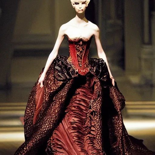 Image similar to fashion design inpired by fairy tale, for dragon queen, designed by alexander mcqueen, rococo