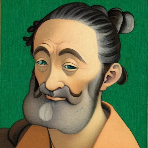 Prompt: portrait painting of surprising Michelangelo di Lodovico with topknot in the style of japanese cartoon with green background for editing