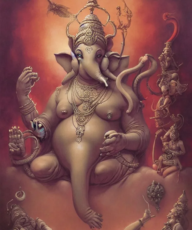 Image similar to ganesha in the style of peter mohrbacher, wayne barlowe, gustav moreau, bussiere, roberto ferri, santiago caruso, luis ricardo falero, austin osman spare,