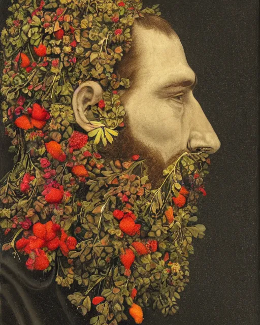 Prompt: a man's face in profile, long beard, made of flowers and fruit, in the style of the Dutch masters and Chris Ware, dark and moody