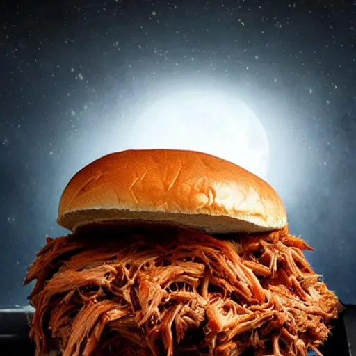 Image similar to monster that looks like a pulled pork sandwich, bbq sauce splashes, dark lighting, moonlight, horror, scary, hyper-realistic