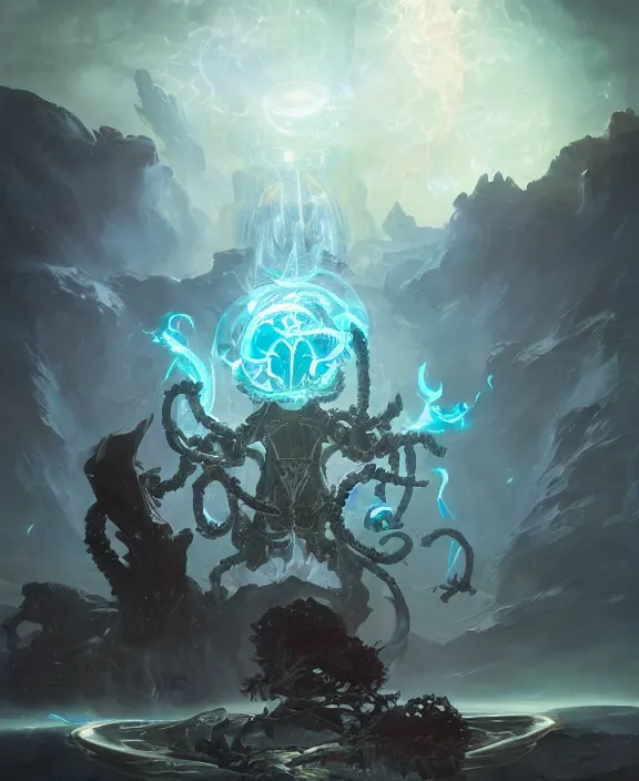 Image similar to the eldritch cyborg god of the outer realms by Steohan Martiniere and Peter Mohrbacher, 4k resolution, detailed