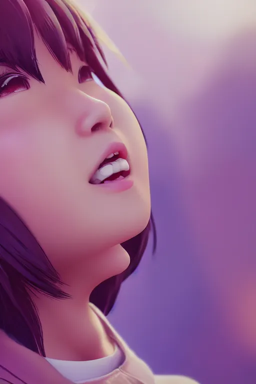 Prompt: a cute Asian girl singing, short stylish hair in the style of DreamWorks animation, mid-shot, profile, low angle view, 16mm lens, award winning, hyper detailed, studio lighting, artstation, octane renderer, unreal engine