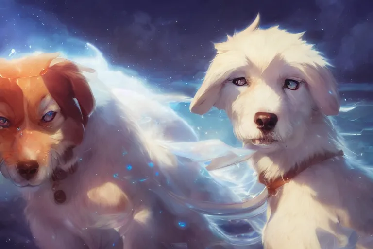 Image similar to blue eyed celestial dog, single subject, scenic full shot, ambient lighting, detailed face, by makoto shinkai, stanley artgerm lau, wlop, rossdraws